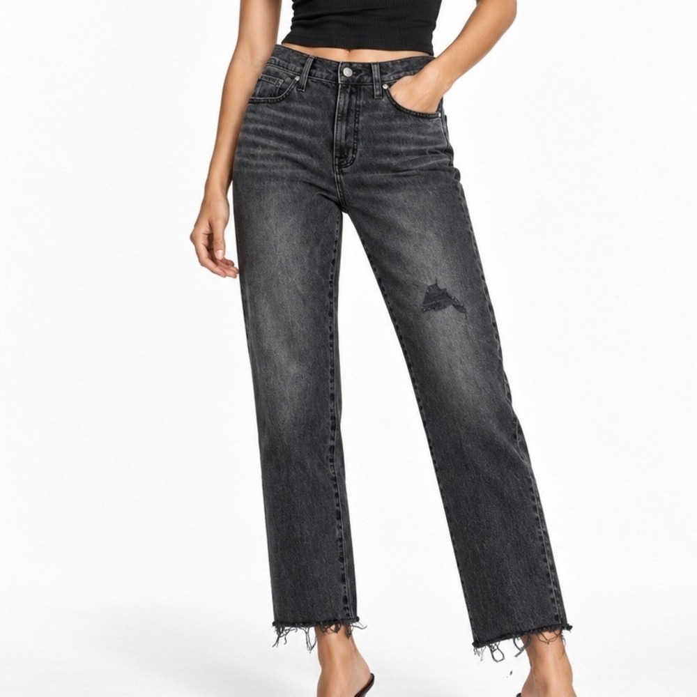 Madewell High Rise Slim Straight Leg Jeans 27 (29) Gray Distressed Raw Hem Denim